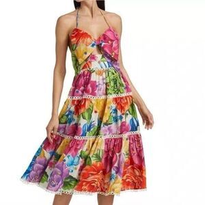 FARM Rio Rainbow Chita Flower Midi Dress Floral Crochet 3D Small S NWT